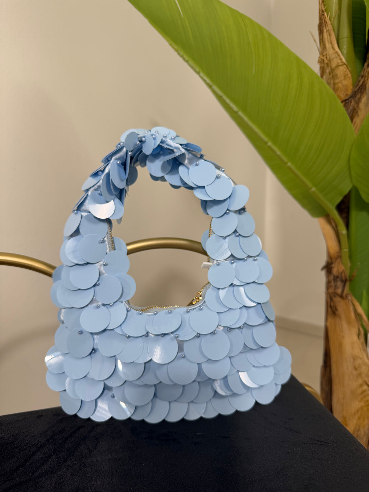Borsa con Paillettes Celeste Pastello e Catenina 30€